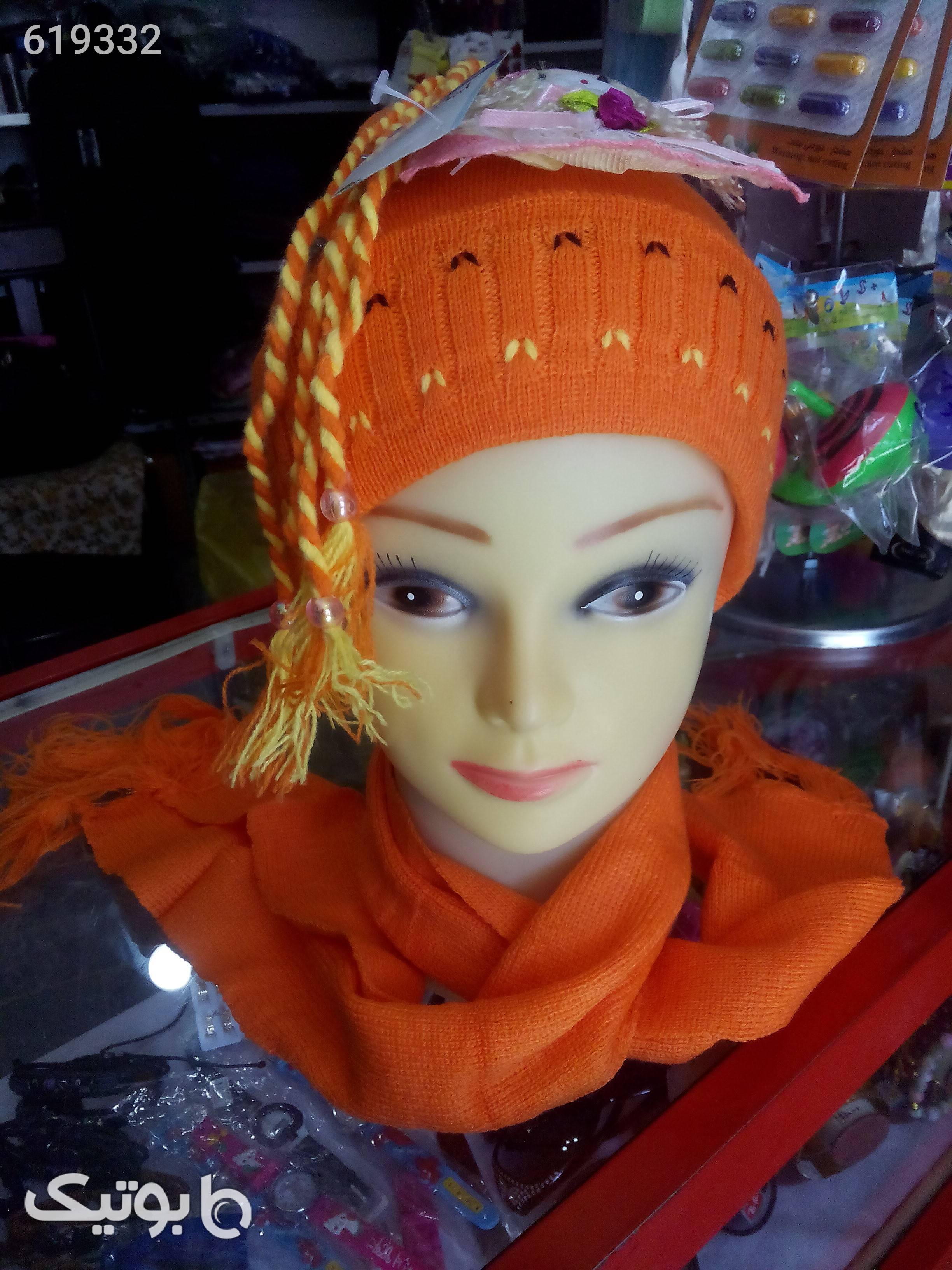شال وکلاه دخترانه نارنجی کلاه بافت و شال گردن و دستکش