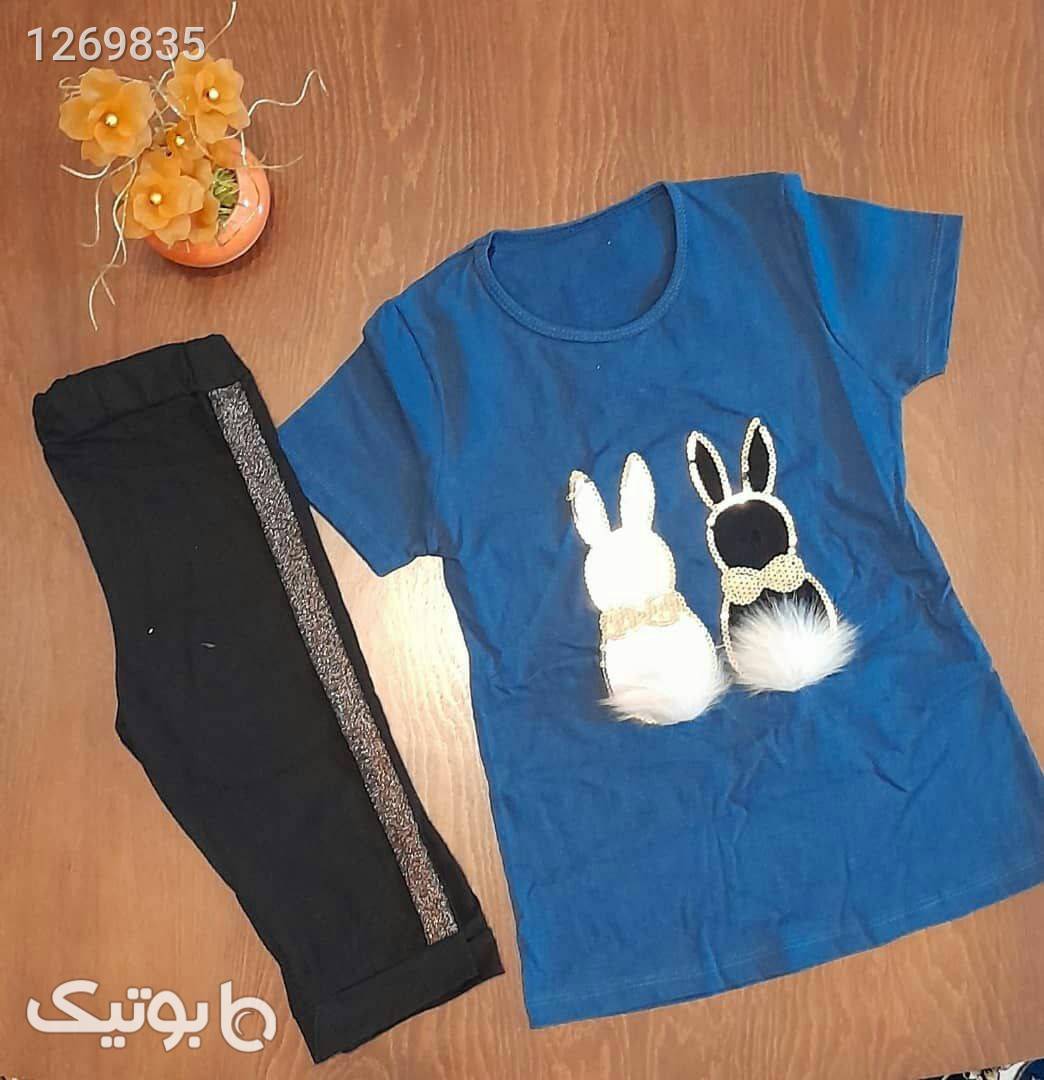 تیشرت شلوارک خرگوش پوم پوم  آبی لباس کودک دخترانه