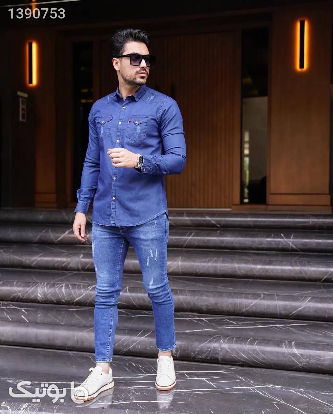 پیراهن آستین بلند جین آبی پيراهن مردانه